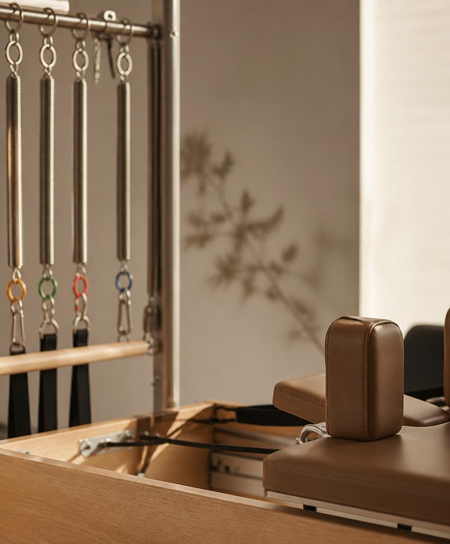 Detalhe dos equipamentos e molas do aparelho de Pilates