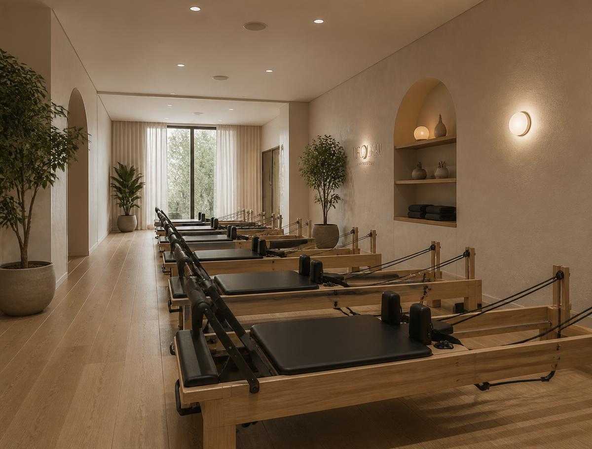Sala de Pilates com aparelhos reformer no studio em Manaus